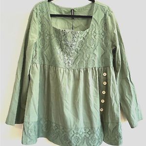 Just Fashion Shirt Women’s Peasant‎ top medium Square Neck Lace jade green NWT
